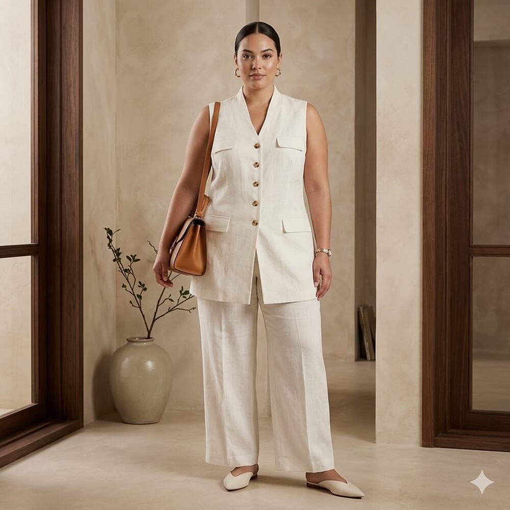 Plaza South White 100% Linen 2-Piece Vest Tunic and Pants Set NWT Size 18